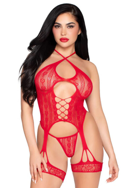 Heart Net Halter Cami 2Pc And G-String Panty Red By Leg Avenue