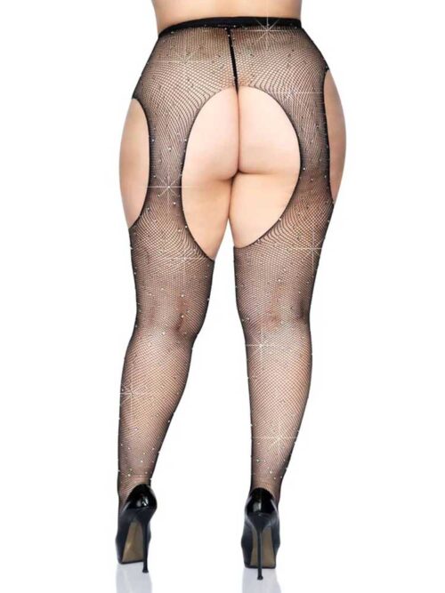 Crotchless Fishnet Pantyhose Casey Rhinestone Suspender Black By Leg Avenue