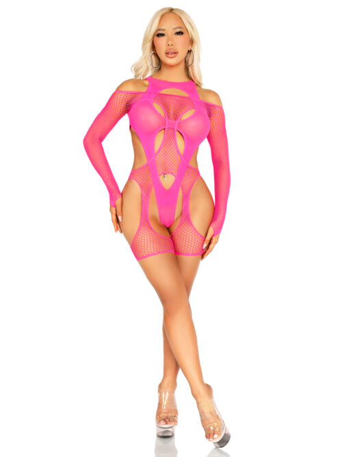 2 Pc Fishnet Garter Harness And Opaque Cut-Out Teddy O/S - Black Pink By Leg Avenue