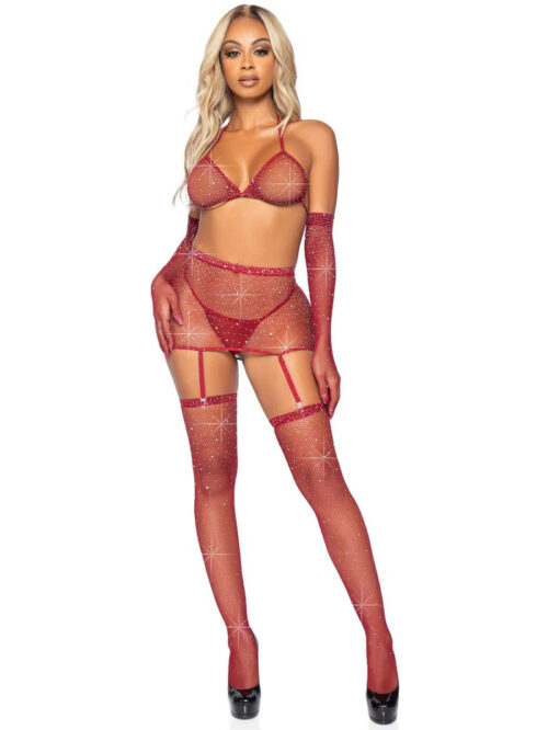 Nipple Clamp Bondage 5 Pc Rhinestone Bikini Top G-String Garter Skirt, Gloves And Stockings Burgundy