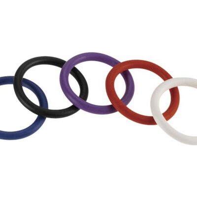 Rainbow 5-pack of 1.5-inch nitrile c-rings in red, blue, purple, white, and black by Spartacus