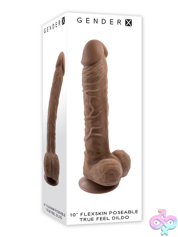 Discreet-Toys-10-Flexskin-Poseable-True-Feel-Dildo-Dark-Nu-Gx-Dd-3731-2 Poseable Dual-Density Realistic Dildo In Dark Brown Tpe With Suction Cup Base By Gender X