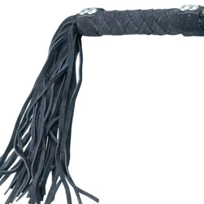 Handcrafted black genuine leather flogger with woven handle and braided wrist loop by S&G Pleasure