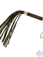Black PVC vegan leather flogger with pro handle and wrist loop by S&G Pleasure