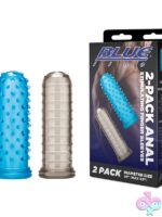 Two blue textured silicone anal stimulating finger sleeves by Blue Line Men showing nub and ridge designs