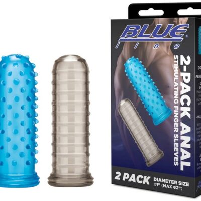 Two blue textured silicone anal stimulating finger sleeves by Blue Line Men showing nub and ridge designs