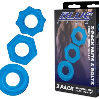Three-piece stretch cock ring set in blue with textured surface by Blue Line Men
