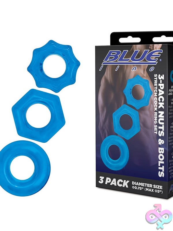 Discreet-Toys-3-Pack-Nuts-Bolts-Stretch-Cock-Ring-Set-Nu-Blm4029-Blu Three-Piece Stretch Cock Ring Set In Blue With Textured Surface By Blue Line Men