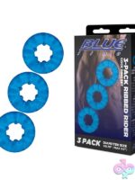 Three ribbed blue stretchy cock rings laid flat — 3-Pack Ribbed Rider Set by Blue Line Men