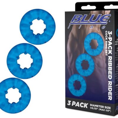 Three ribbed blue stretchy cock rings laid flat — 3-Pack Ribbed Rider Set by Blue Line Men