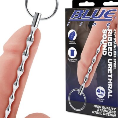 4.25 inch ribbed urethral sound in silver stainless steel by Blue Line Men