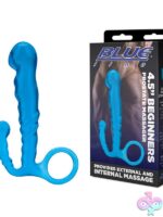 Curved blue silicone beginner prostate massager with perineum arm by Blue Line Men