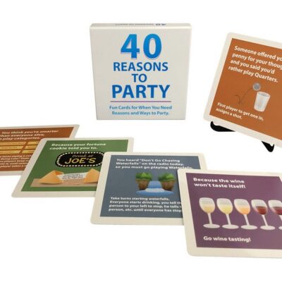 40 Reasons To Party illustrated card deck with display stand in white by Kheper Games