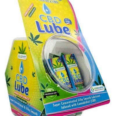 50-count display of clear CBD lube sample packets by 420 Health