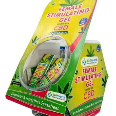 50-count display of clear CBD stimulating gel sample packets by 420 Health
