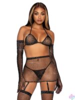 5 Pc Rhinestone Bikini Top G-String Garter Skirt, Gloves and Stockings - Image 4