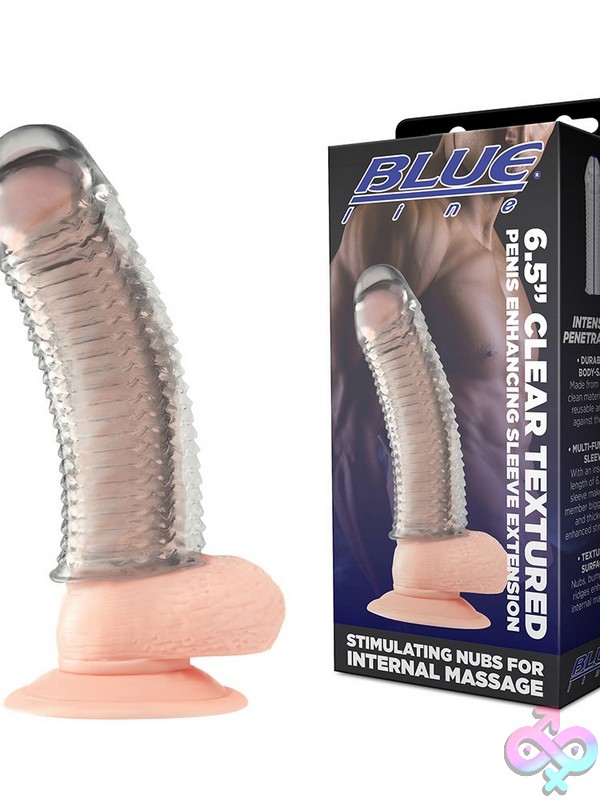 Discreet-Toys-6-5-Clear-Textured-Penis-Enhancing-Sleeve-Extension-Nu-Blm4025 6.5 Inch Clear Textured Penis Enhancing Sleeve Extension In Flexible Silicone By Blue Line Men