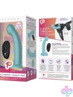 Ripple textured blue silicone peg with wireless remote and harness by Pegasus