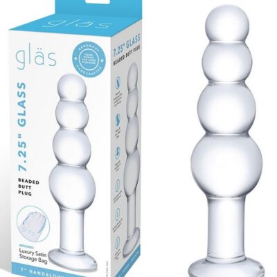 7.25 inch white glass beaded butt plug with graduated beads and flared base by Glas