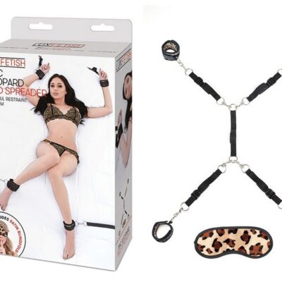 7-piece leopard print bed spreader bondage set with neoprene cuffs and blindfold by Lux Fetish