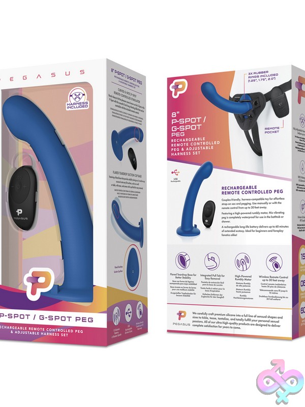 Discreet-Toys-8-Remote-Control-P-Spot-G-Spot-Silicone-Peg-With-Harness-Included-Nu-Peg-010 8-Inch Curved Vibrating Silicone Peg In Blue With Suction-Cup Base And Wireless Remote By Pegasus