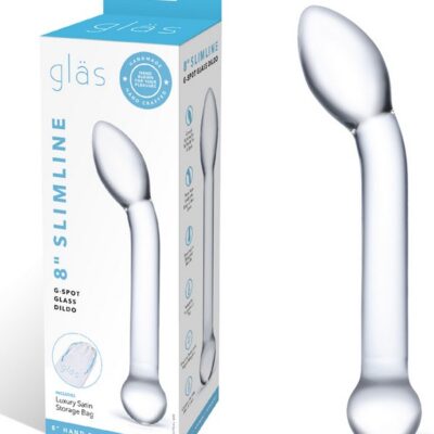 Slimline clear glass G-spot dildo with curved bulbous tip by Glas