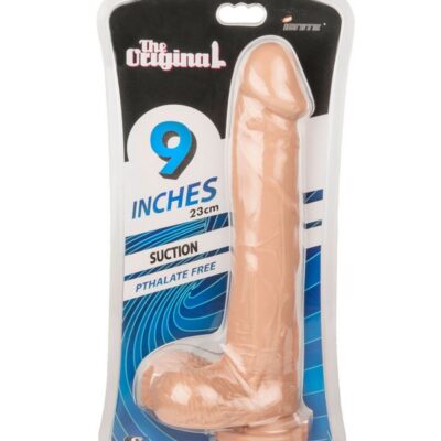 Realistic beige 9-inch cock and balls dildo with suction cup base by Si Novelties