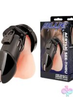Blue Line Men acrylic see-thru chastity cage in black and pink on neutral background