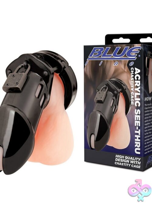 Blue Line Men Acrylic See-Thru Chastity Cage In Black And Pink On Neutral Background