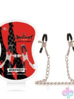 Adjustable crocodile-style silver metal nipple clamps on a 14-inch chain by Si Novelties