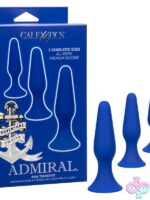 Three graduated blue silicone anal trainer probes with suction-cup bases by California Exotic Novelties