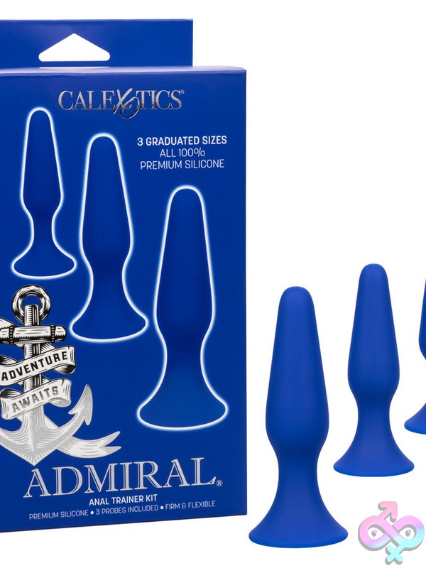 Discreet-Toys-Admiral-Anal-Trainer-Kit-Nu-Se-6015-75-3 Three Graduated Blue Silicone Anal Trainer Probes With Suction-Cup Bases By California Exotic Novelties