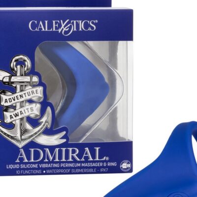 Vibrating perineum massager and stretchy support ring in blue liquid silicone by California Exotic Novelties