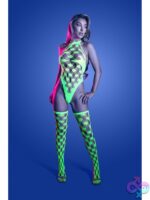 rhinestone fishnet teddy and stockings in neon green by Fantasy Lingerie