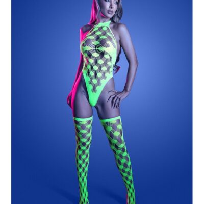 rhinestone fishnet teddy and stockings in neon green by Fantasy Lingerie