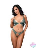 Green lace bra and open panty set with removable chain detail by Fantasy Lingerie