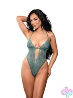 Aerin lace chain detail teddy in green shown on model, front view