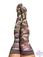 Camouflage print plus-size thigh-high stockings with no-slip grip band by Kixies