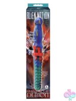 Dual-ended textured blue silicone dildo with red center flange by Icon Brands