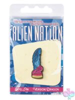 Glow-in-the-dark Dragon enamel pin in magenta blue and gold metal by Icon Brands