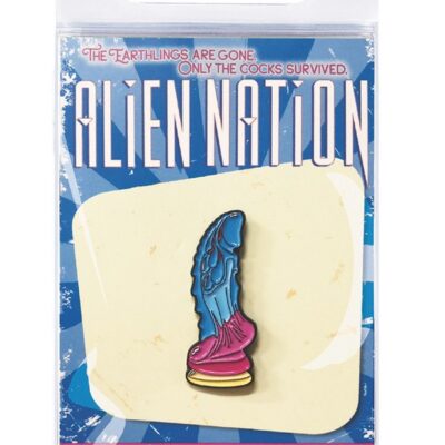 Glow-in-the-dark Dragon enamel pin in magenta blue and gold metal by Icon Brands