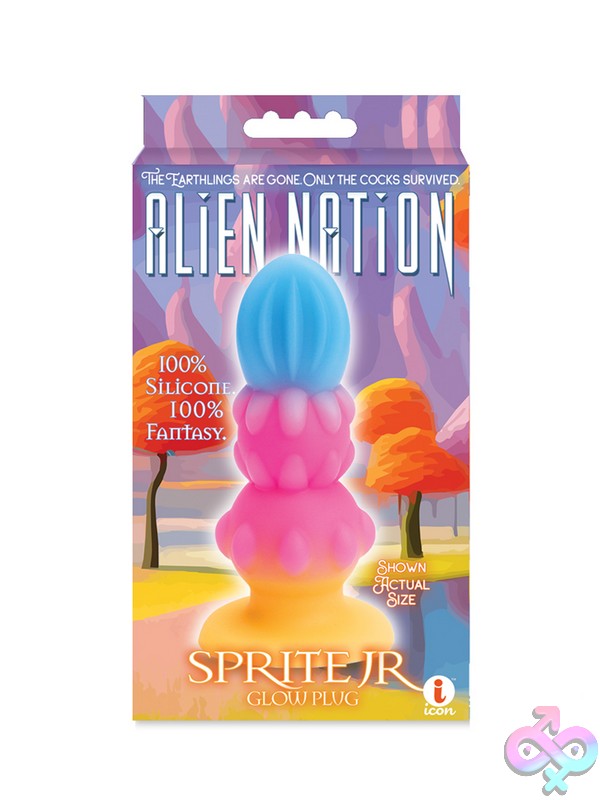 Discreet-Toys-Alien-Nation-Sprite-Jr-Nu-Ic1367 Small Glow-In-The-Dark Textured Butt Plug In Multi-Color By Icon Brands