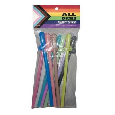 Assorted multicolor penis-shaped novelty straws in Progress Pride Flag shades by Kheper Games