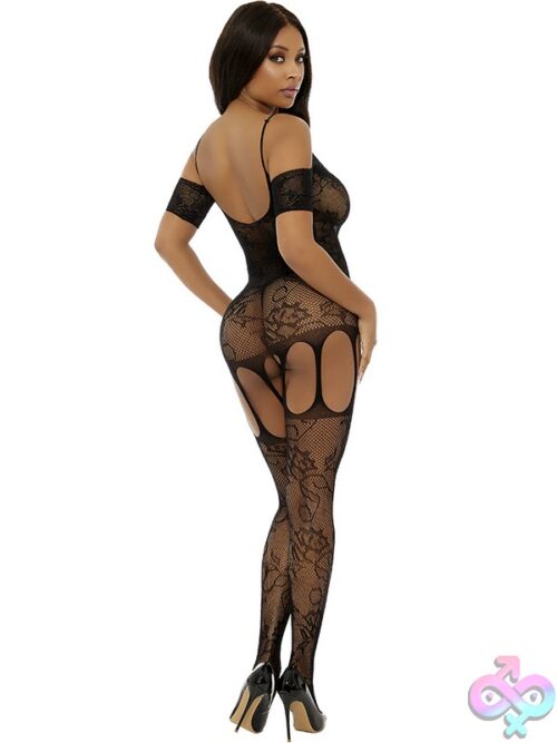 All Over Lace And Fishnet Bodystocking With Legs Black O/S - Image 2