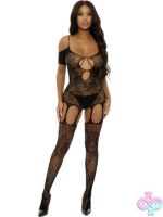 black lace fishnet bodystocking with keyhole cut-outs and suspender garters by Popsi Lingerie