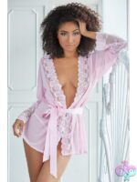 Pink lace and mesh open-back robe with satin waist tie and G-string by Allure Lingerie