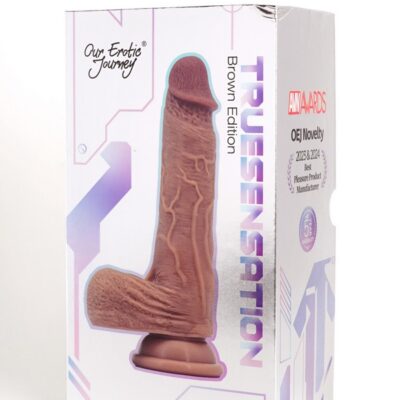 Realistic beige app-controlled thrusting and warming silicone dildo by Our Erotic Journey