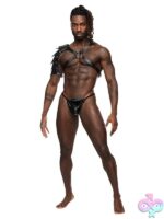 Black leather criss-cross chest harness with gladiator shoulder shield and metal studs by Male Power