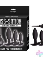Three graduated black silicone butt plugs with douche from Nasstoys Ass-Sation 3-in-1 Training Kit
