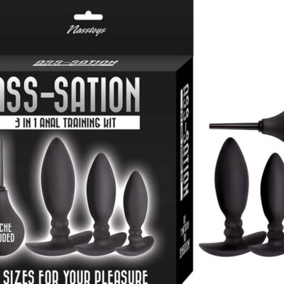 Three graduated black silicone butt plugs with douche from Nasstoys Ass-Sation 3-in-1 Training Kit
